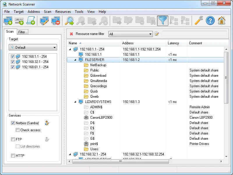 LizardSystems Network Scanner user interface, as published by its maker